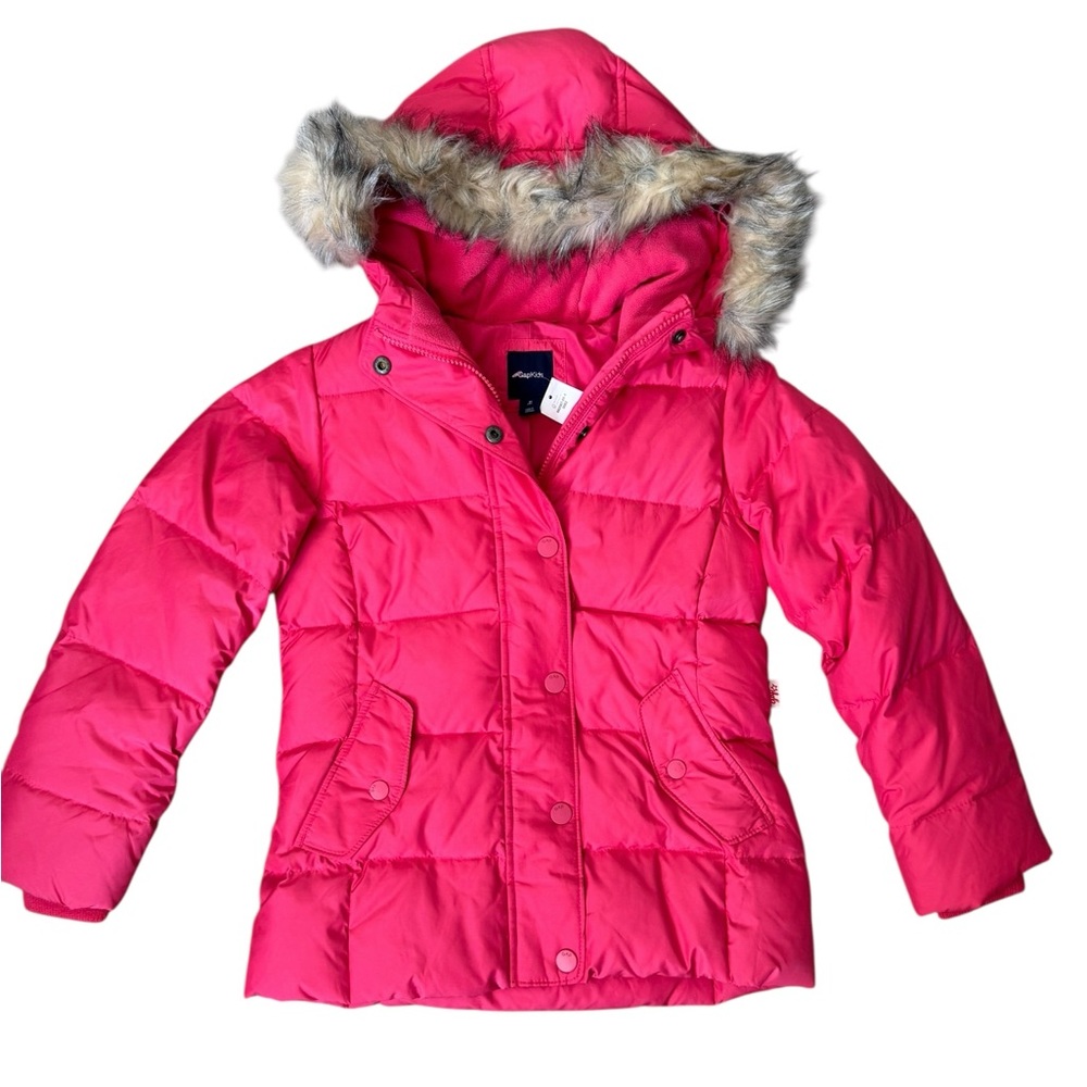 GAP Down Puffer Coat in Pink with Fur Trimmed Hoodie